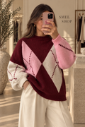 Pull oversize à motif losanges - Bordeaux /Rose