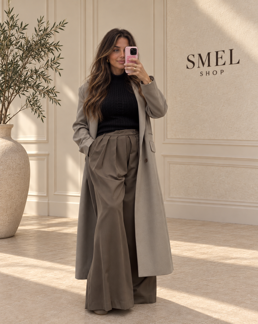 Pantalon palazzo oversize à pinces – Taupe
