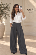 Pantalon large taille haute à boutons - Gris