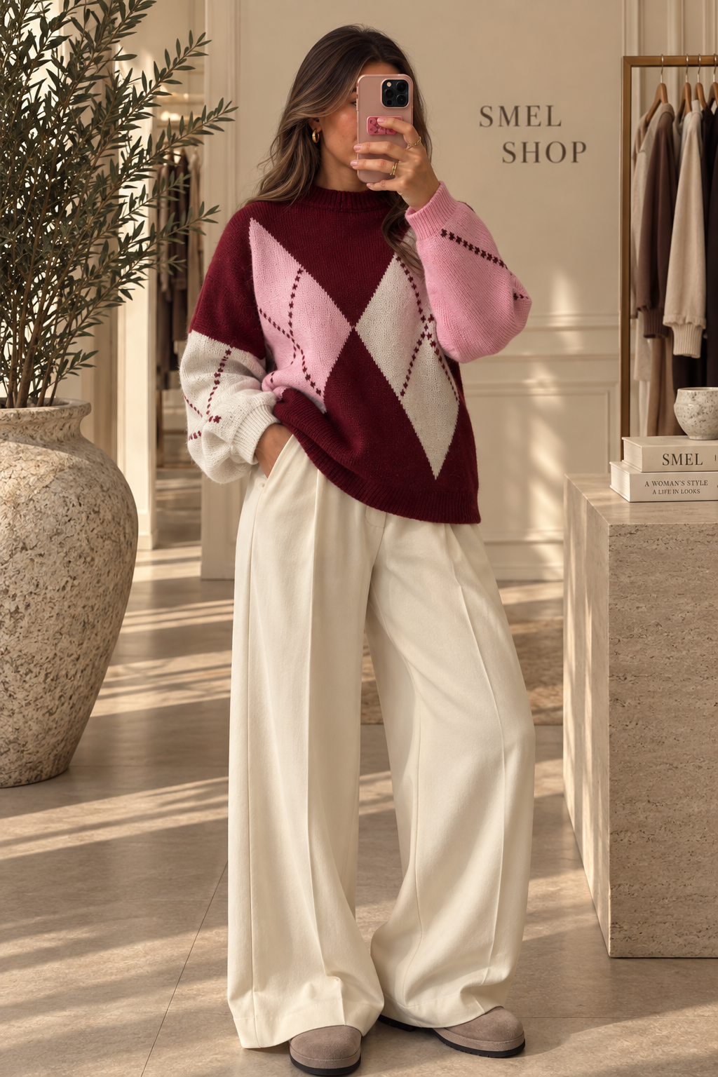 Pull oversize à motif losanges - Bordeaux /Rose
