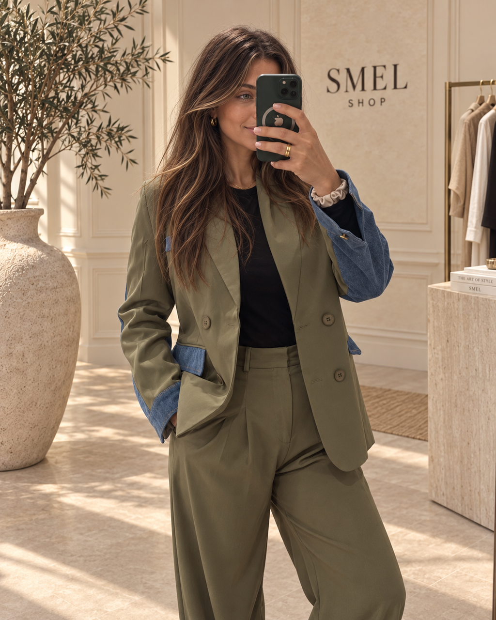 Tailleur bi-matière blazer et pantalon large