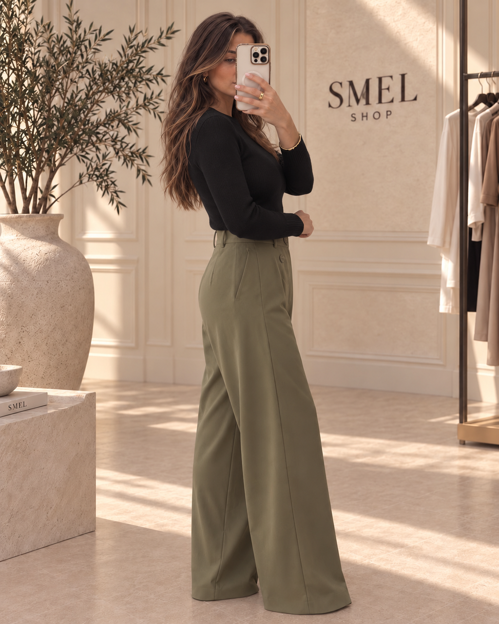 Pantalon palazzo taille haute à pinces - Vert