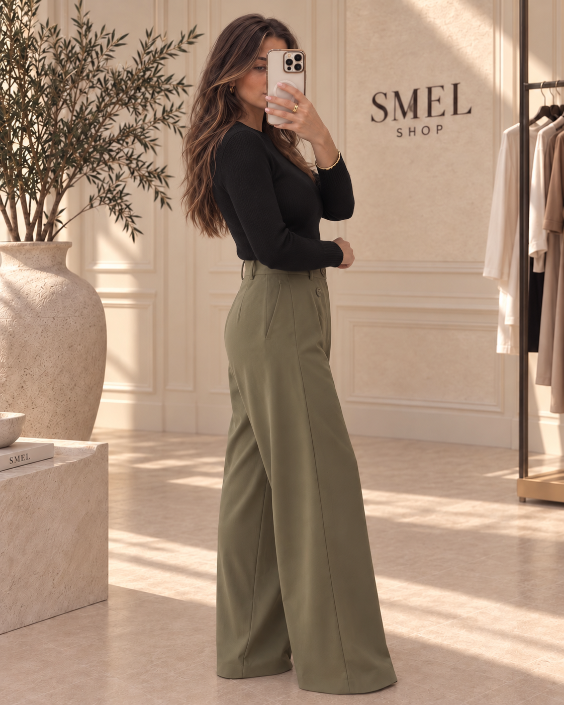 Pantalon palazzo taille haute à pinces - Vert
