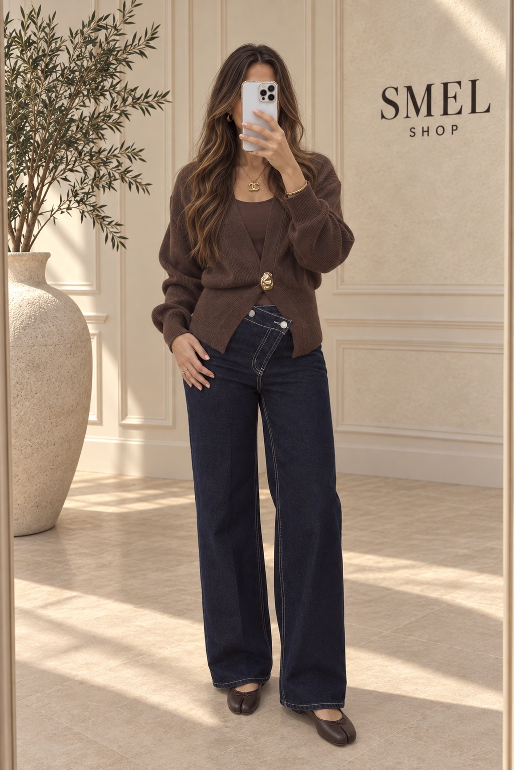 Cardigan cintré à bouton bijou - Chocolat