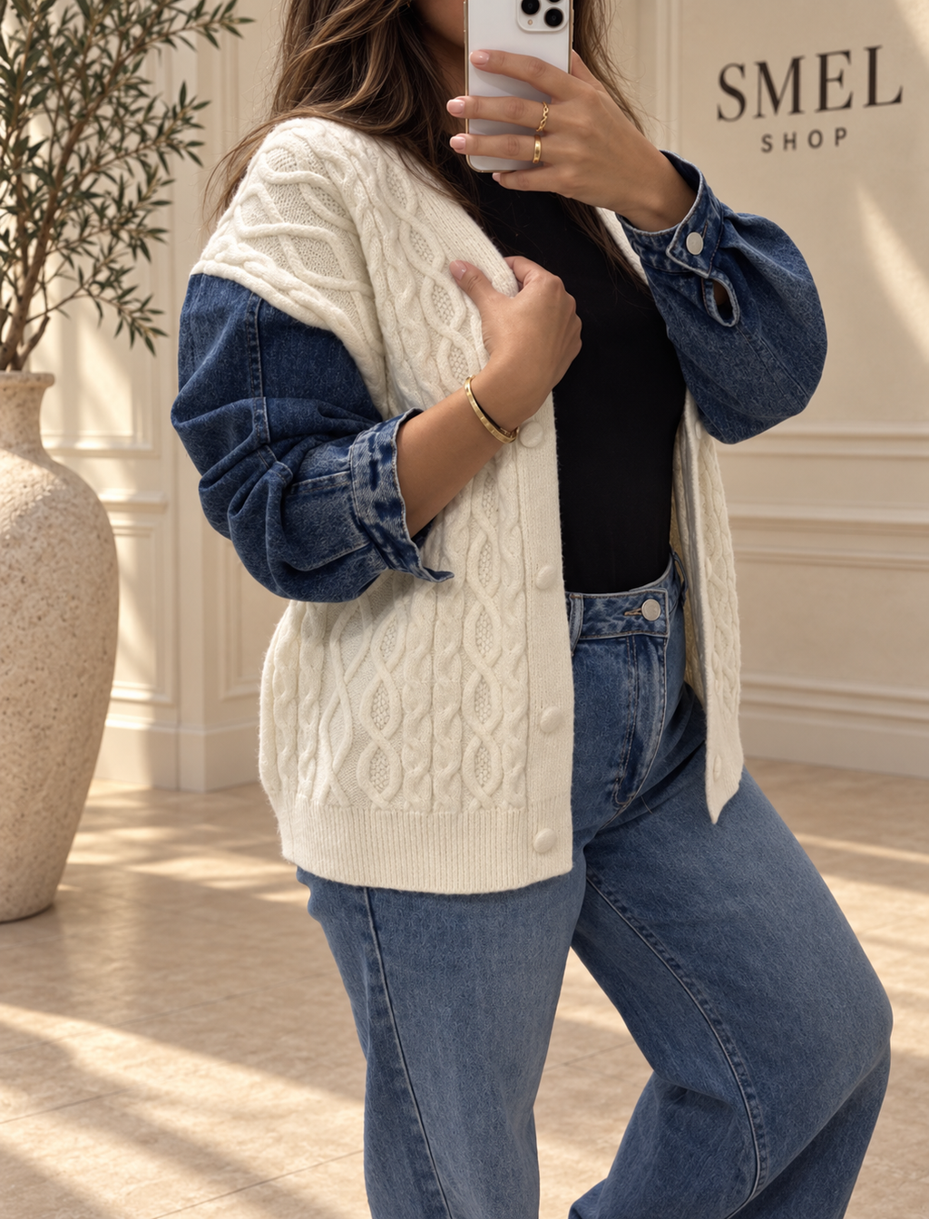 Cardigan bi-matière en maille torsadée et denim