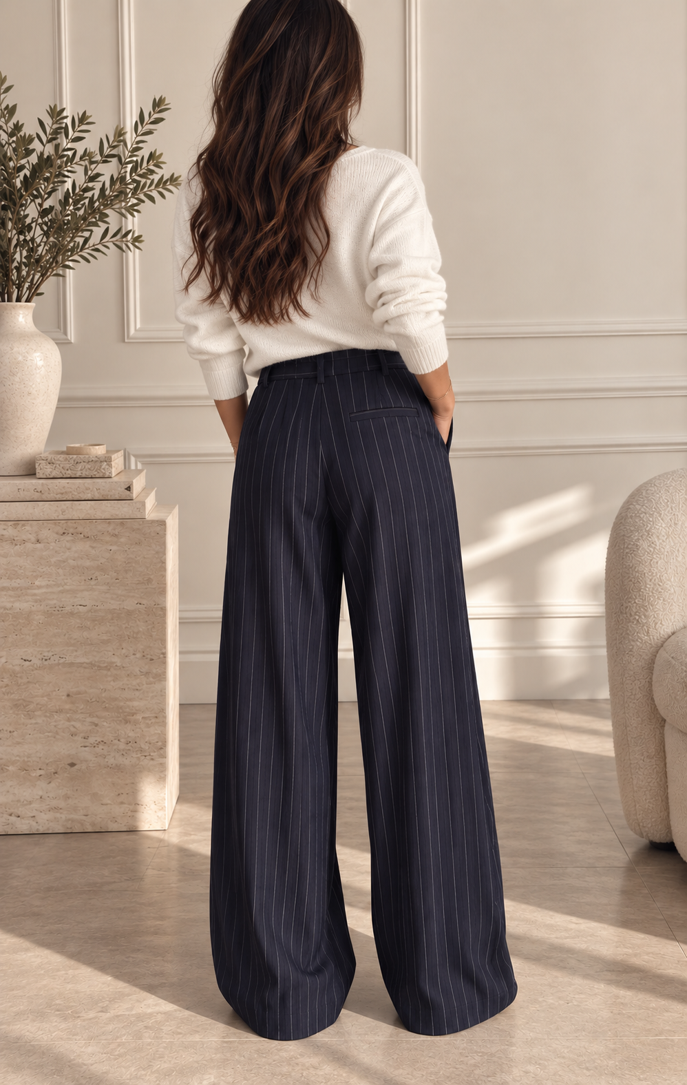 Pantalon large bleu marine à fines rayures
