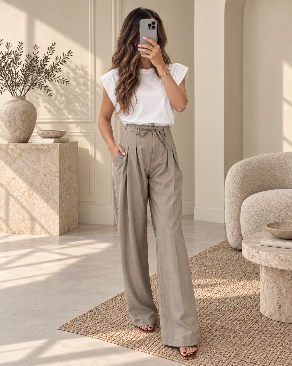 Pantalon large taille haute ceinturé