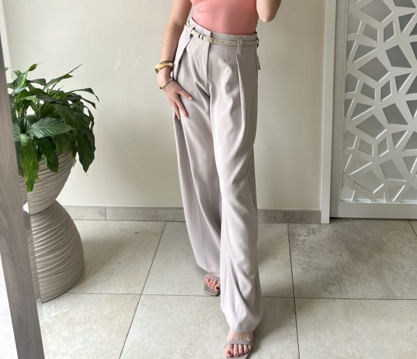 Pantalon grège taille haute avec ceinture