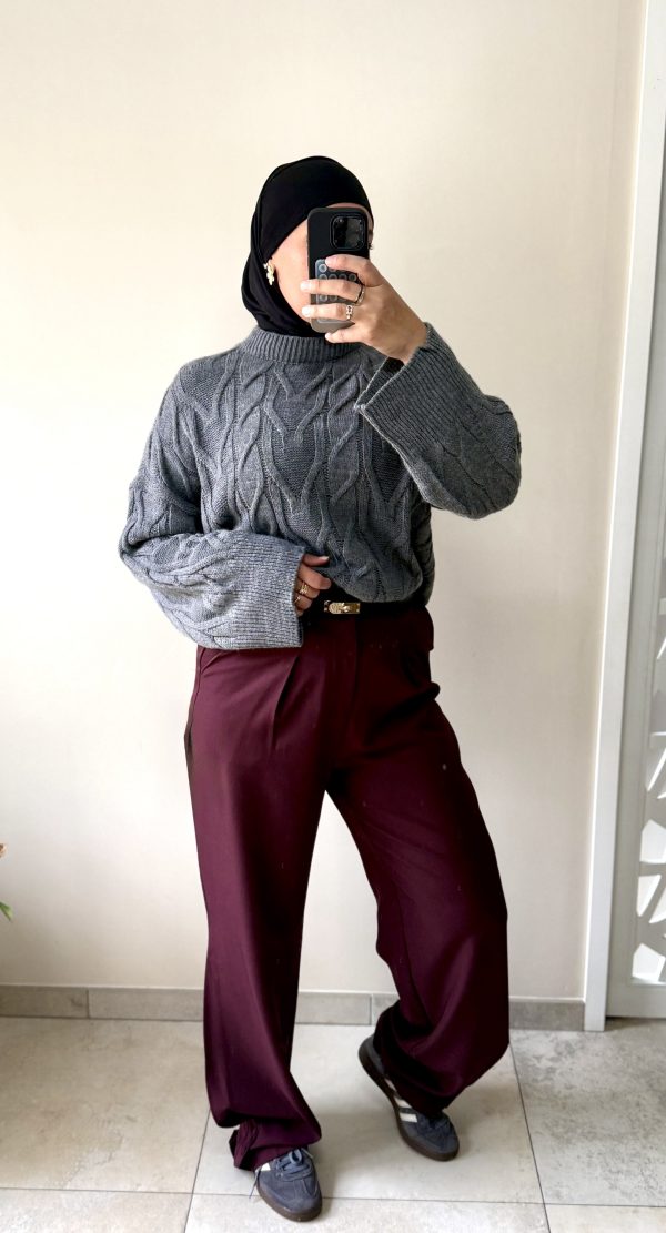 Pull oversize torsadé gris – col montant gris