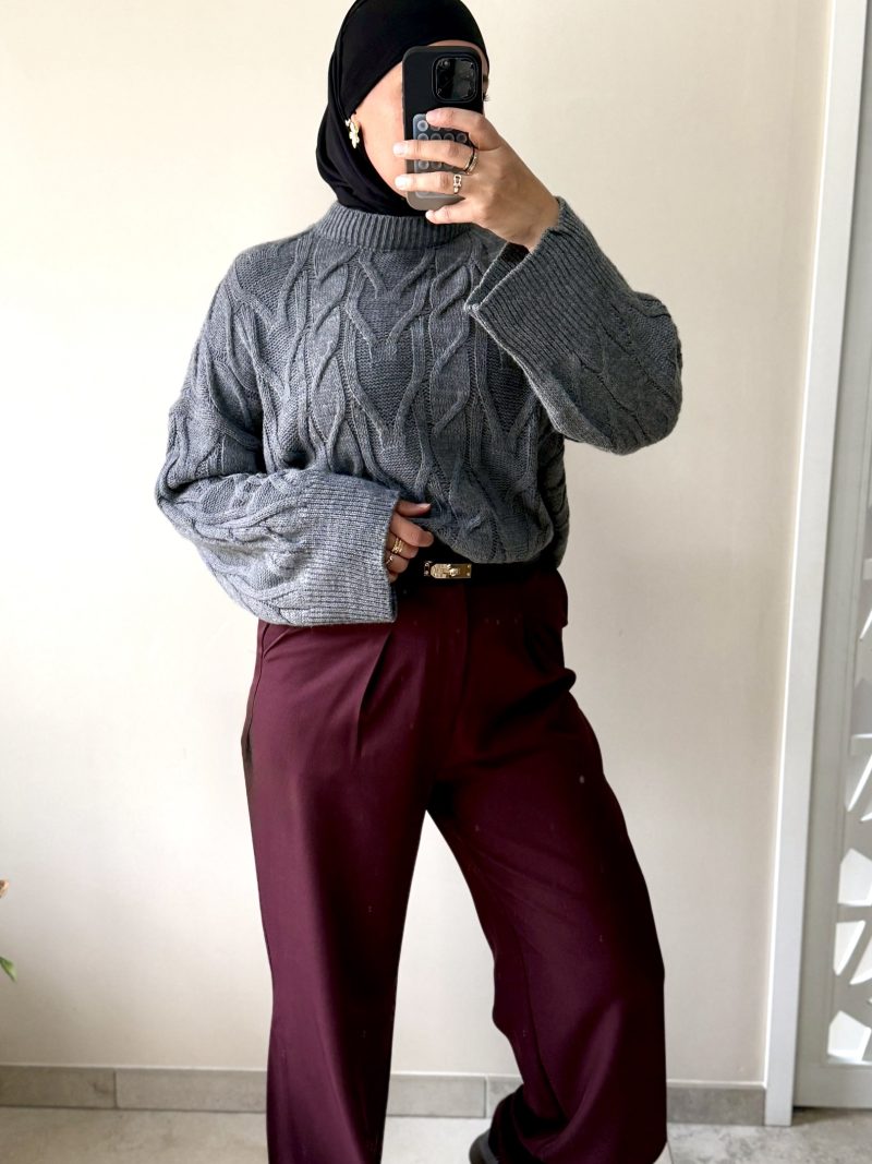 Pull oversize torsadé gris – col montant gris
