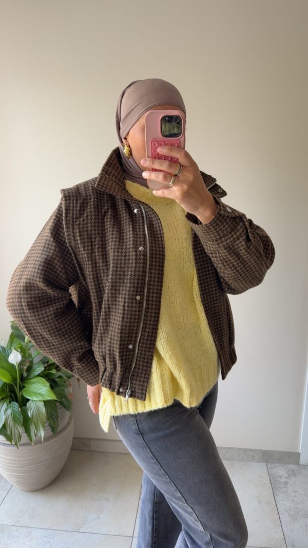 Manteau court à carreaux  à motif pied-de-poule marron et verte
