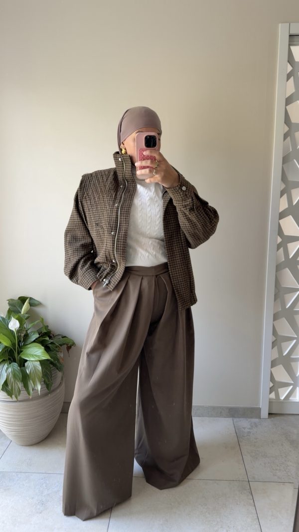 Manteau court à carreaux  à motif pied-de-poule marron et verte
