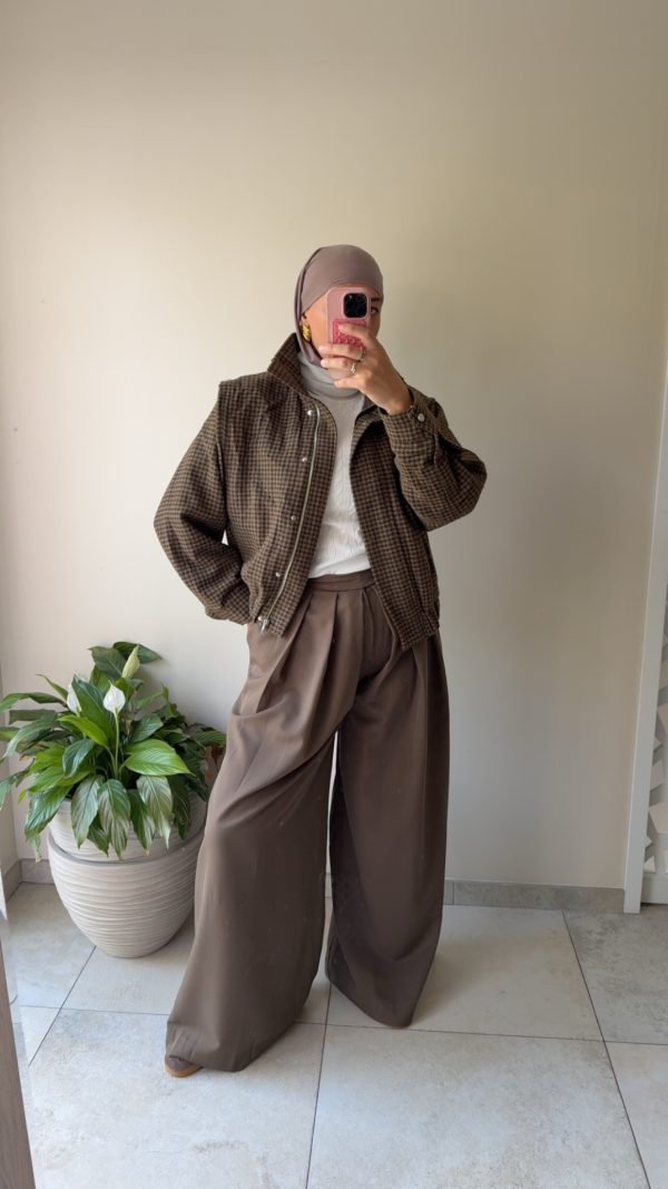 Manteau court à carreaux  à motif pied-de-poule marron et verte