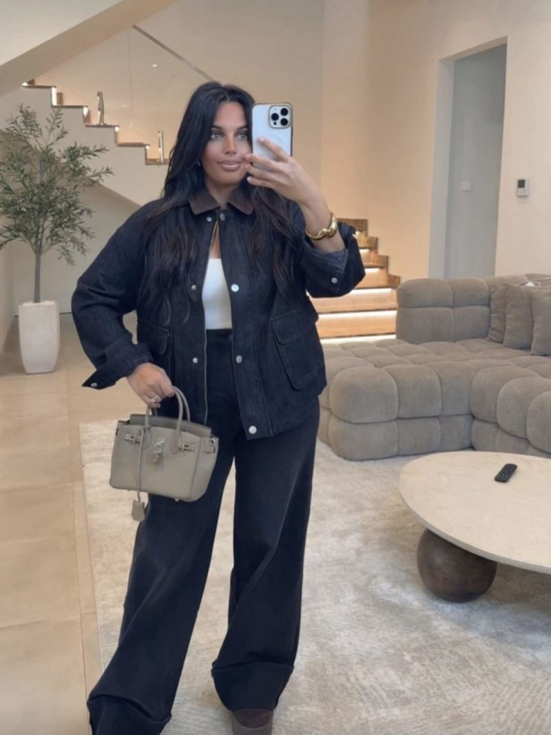 screenshot-45 Veste noire en jeans col marron