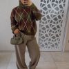 Pull oversize à motif argyle vintage – Marron & Vert Kaki