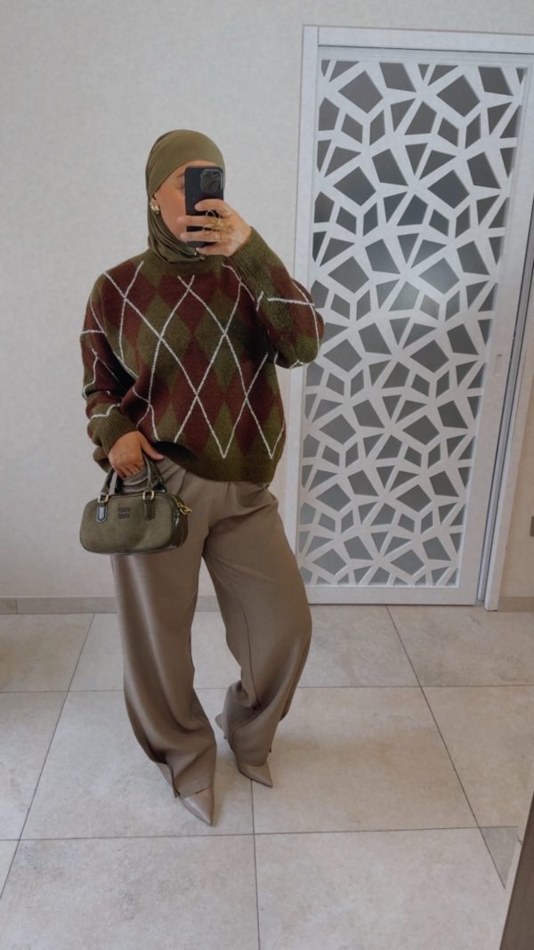 Pull oversize à motif argyle vintage – Marron & Vert Kaki