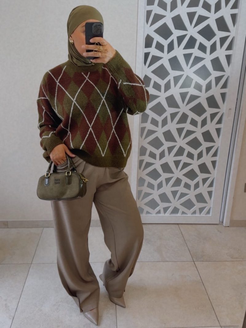 Pull oversize à motif argyle vintage – Marron & Vert Kaki