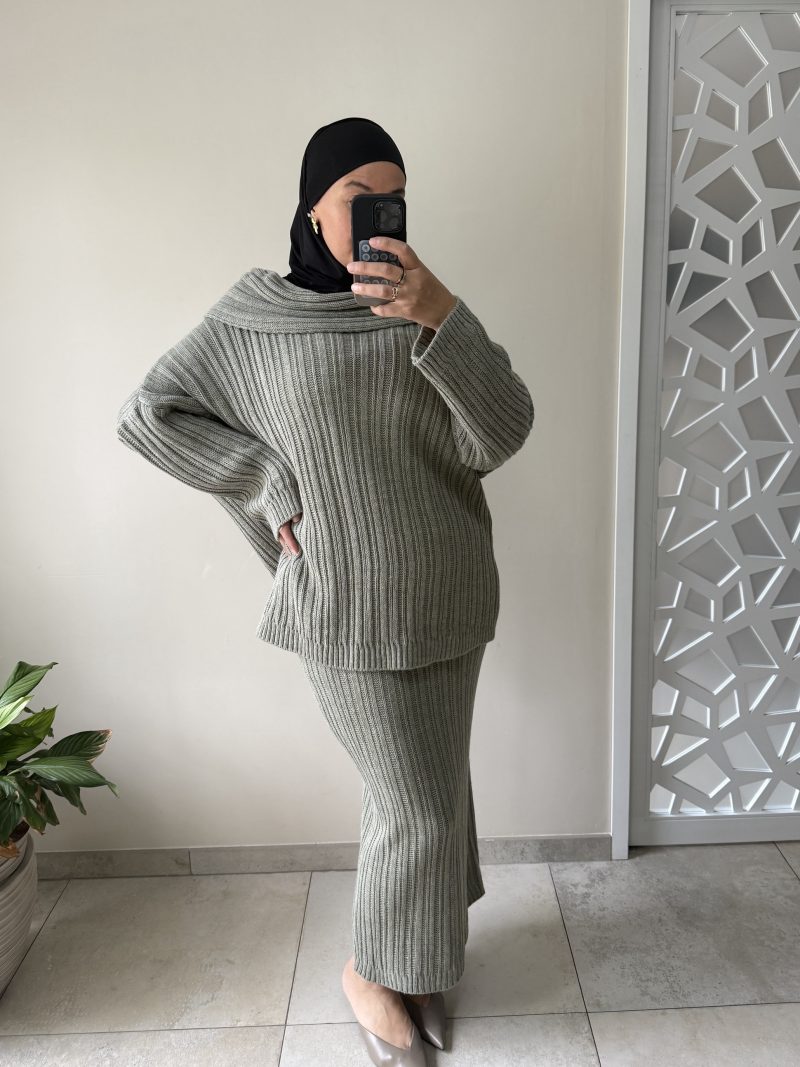 Ensemble en maille côtelée femme – Pull oversize et jupe longue vert