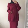 Ensemble en maille côtelée femme – Pull oversize et jupe longue bordeaux