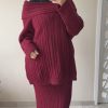 Ensemble en maille côtelée femme – Pull oversize et jupe longue bordeaux