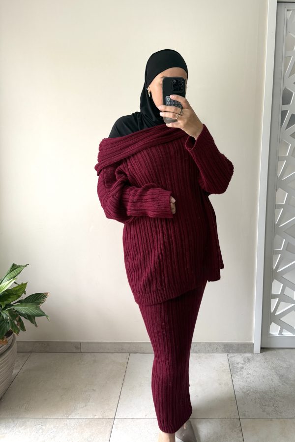 Ensemble en maille côtelée femme – Pull oversize et jupe longue bordeaux