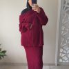 Ensemble en maille côtelée femme – Pull oversize et jupe longue bordeaux