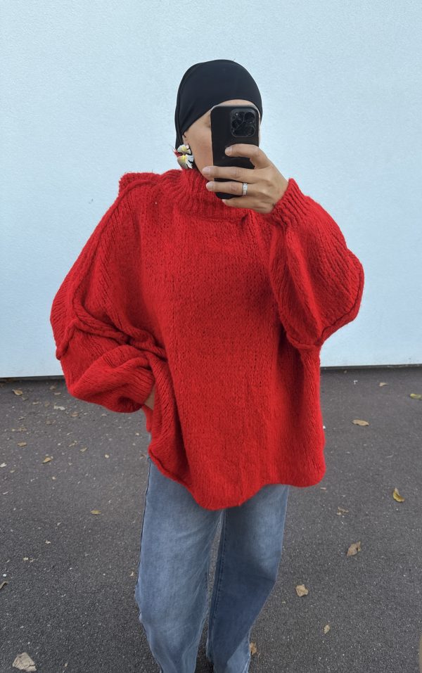 img_6787-3 Pull oversize à col montant – douceur et style cocooning rouge vif