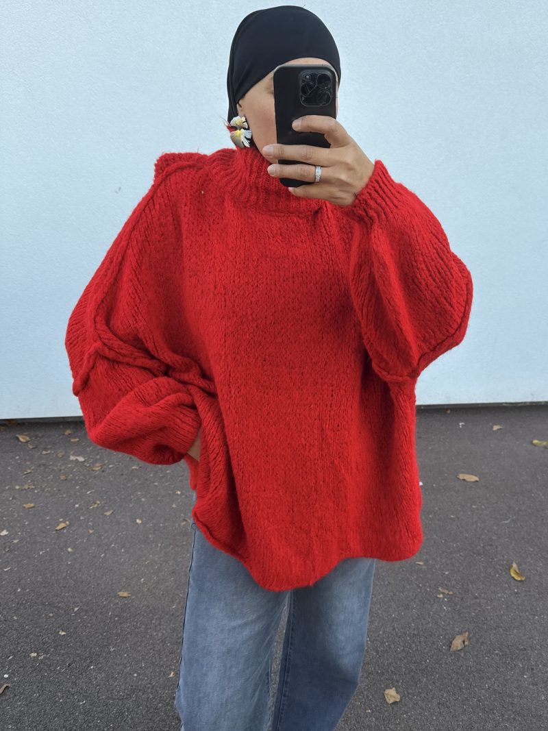 Pull oversize à col montant – douceur et style cocooning rouge vif