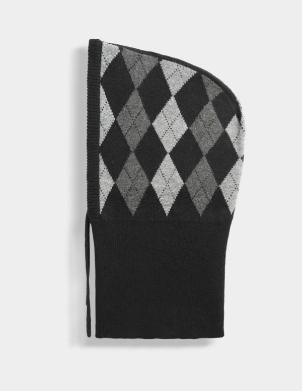 Cagoule tricot à motif argyle – style rétro chic et confort d’hiver Noire