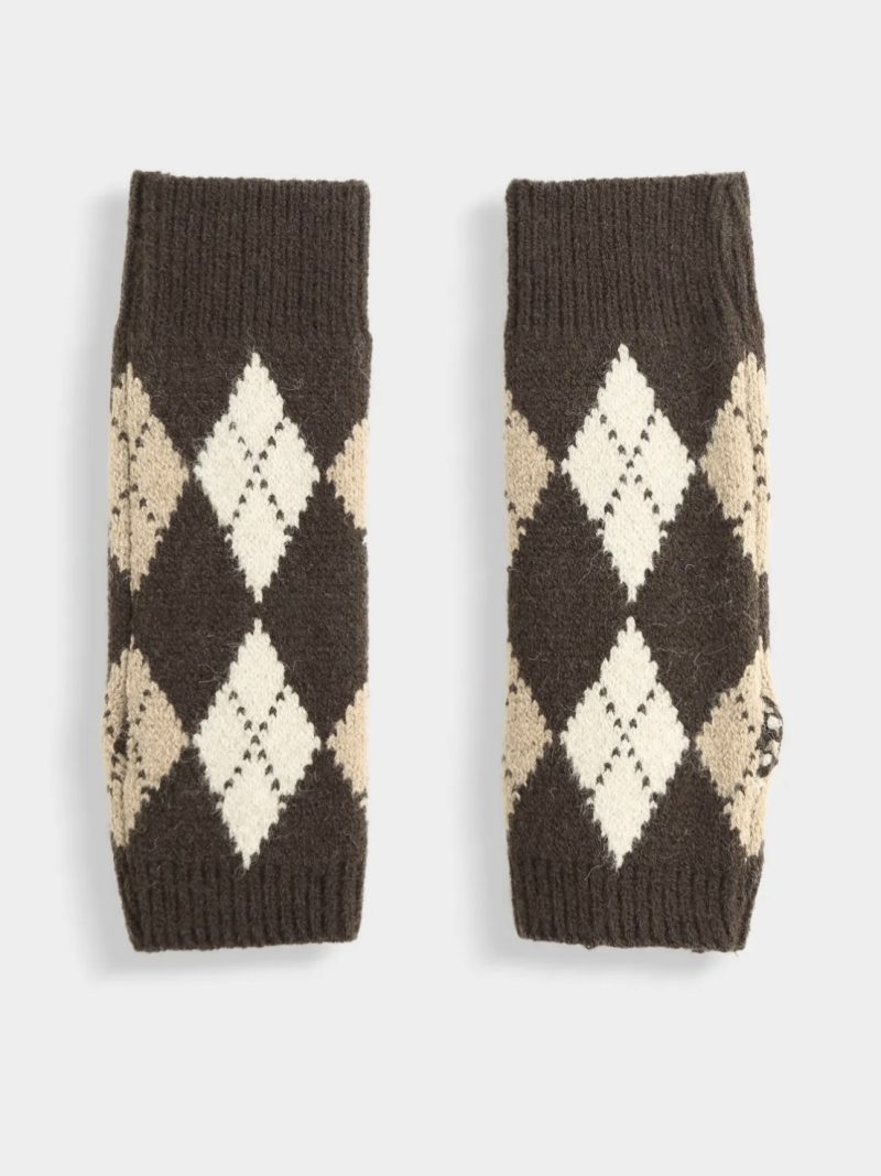 Mitaines en maille à motif losanges – style argyle rétro chic Marron