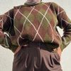 Pull oversize à motif argyle vintage – Marron & Vert Kaki