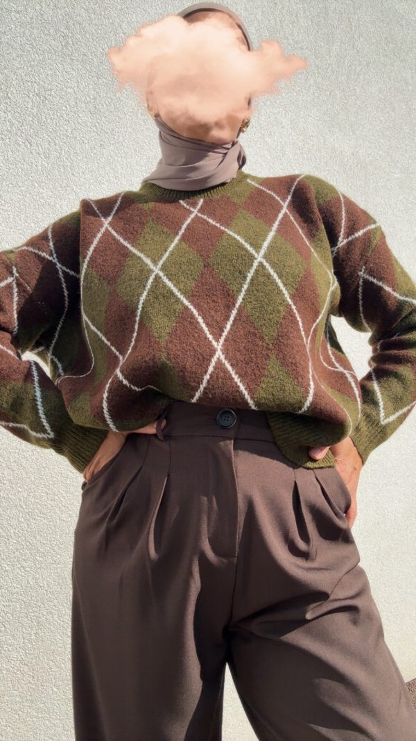 Pull oversize à motif argyle vintage – Marron & Vert Kaki