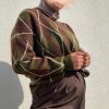 Pull oversize à motif argyle vintage – Marron & Vert Kaki