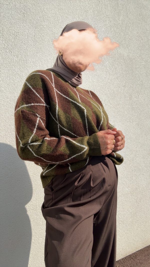 Pull oversize à motif argyle vintage – Marron & Vert Kaki