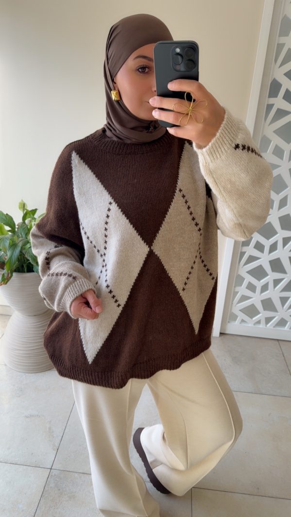 img_8282 PULL MOTIF LOSANGES – MAILLE DOUCE chocolat