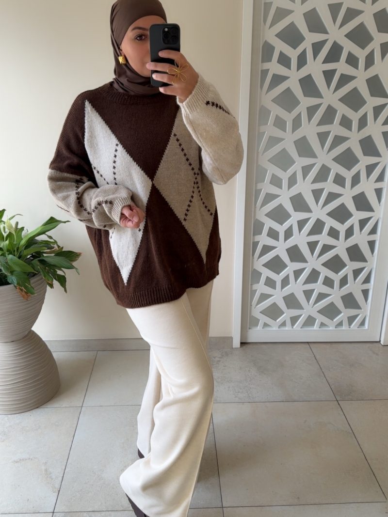 PULL MOTIF LOSANGES – MAILLE DOUCE chocolat