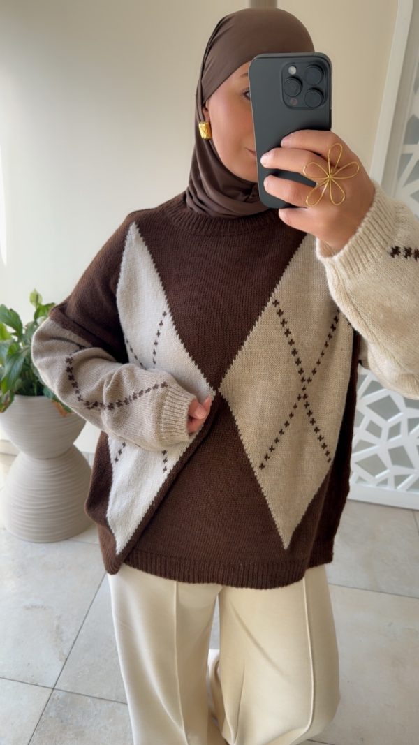 img_8286 PULL MOTIF LOSANGES – MAILLE DOUCE chocolat
