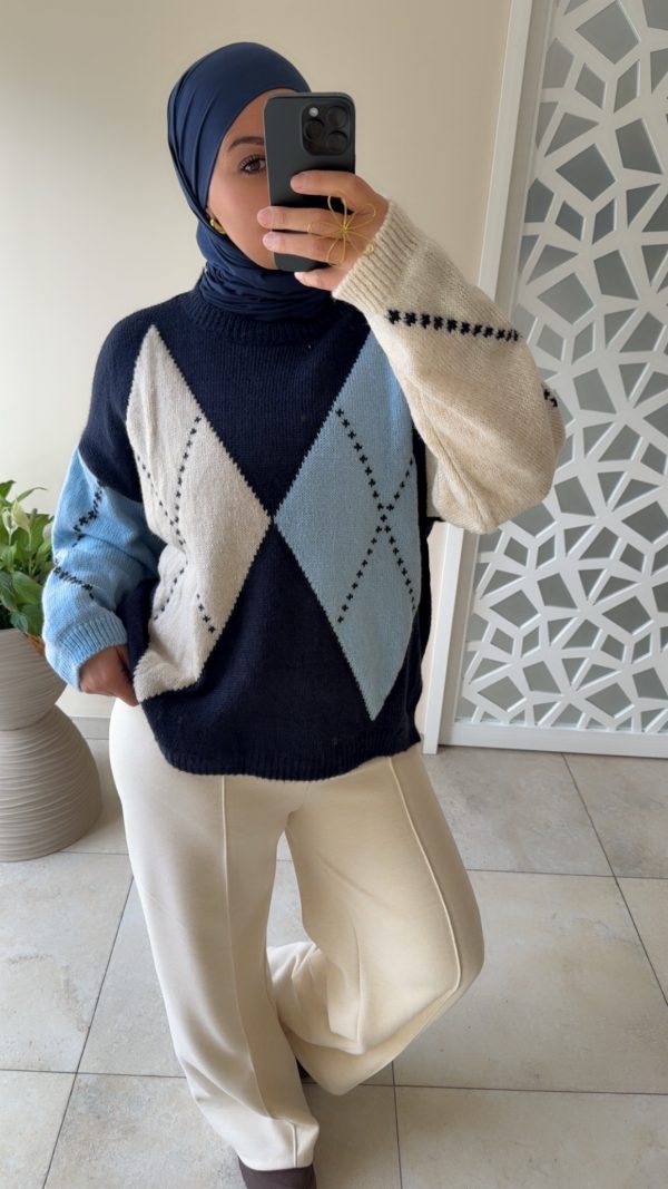 PULL MOTIF LOSANGES – MAILLE DOUCE bleu