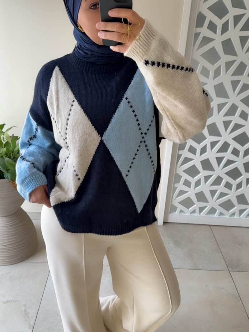 PULL MOTIF LOSANGES – MAILLE DOUCE bleu