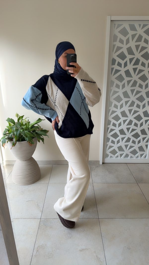 PULL MOTIF LOSANGES – MAILLE DOUCE bleu