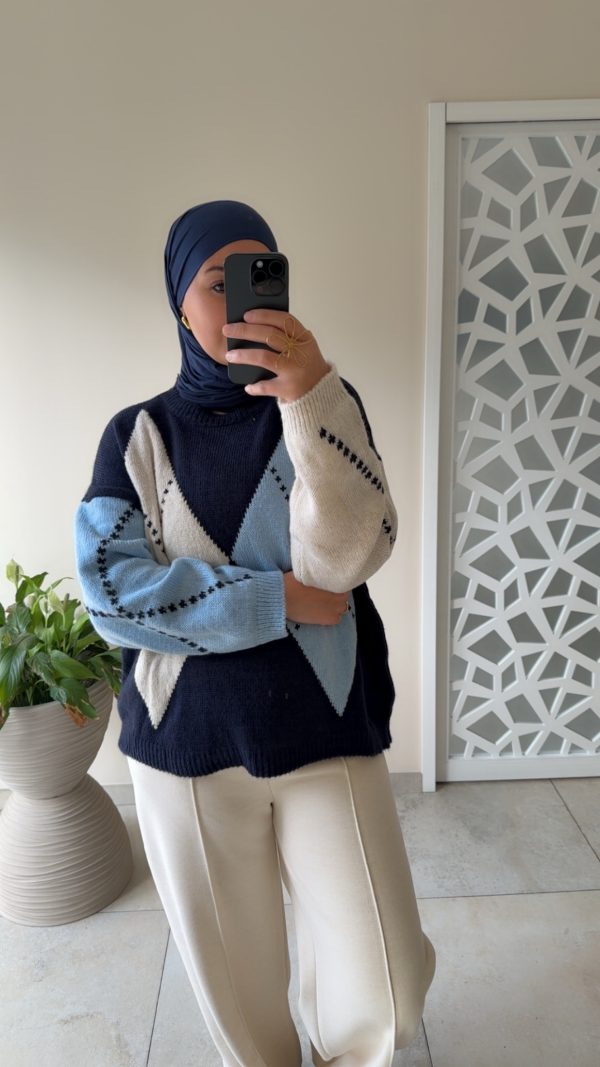 PULL MOTIF LOSANGES – MAILLE DOUCE bleu