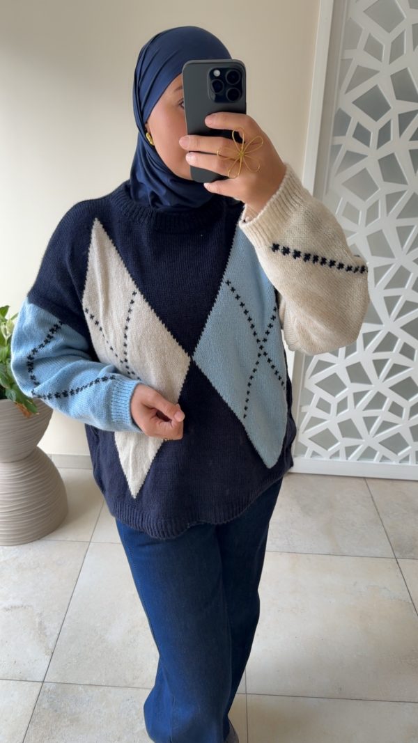 PULL MOTIF LOSANGES – MAILLE DOUCE bleu