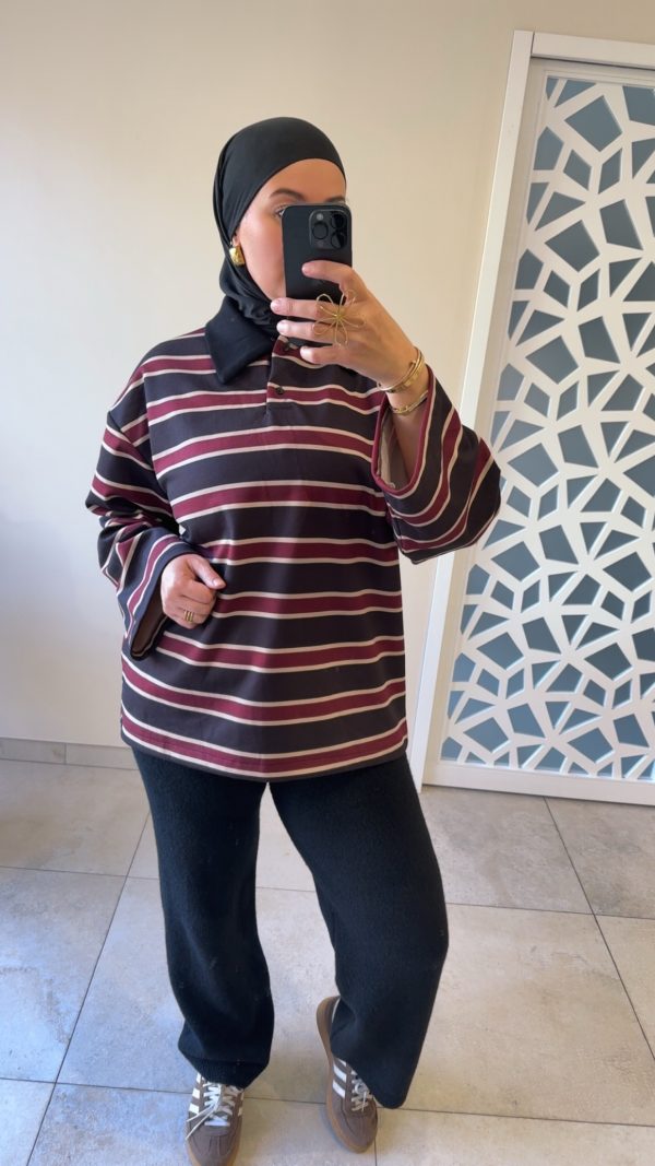 POLO À RAYURES – STYLE CASUAL CHIC & OVERSIZE Noir / Bordeaux