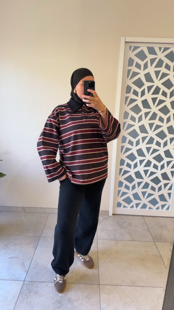POLO À RAYURES – STYLE CASUAL CHIC & OVERSIZE Noir / Bordeaux