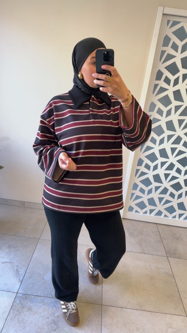 POLO À RAYURES – STYLE CASUAL CHIC & OVERSIZE Noir / Bordeaux
