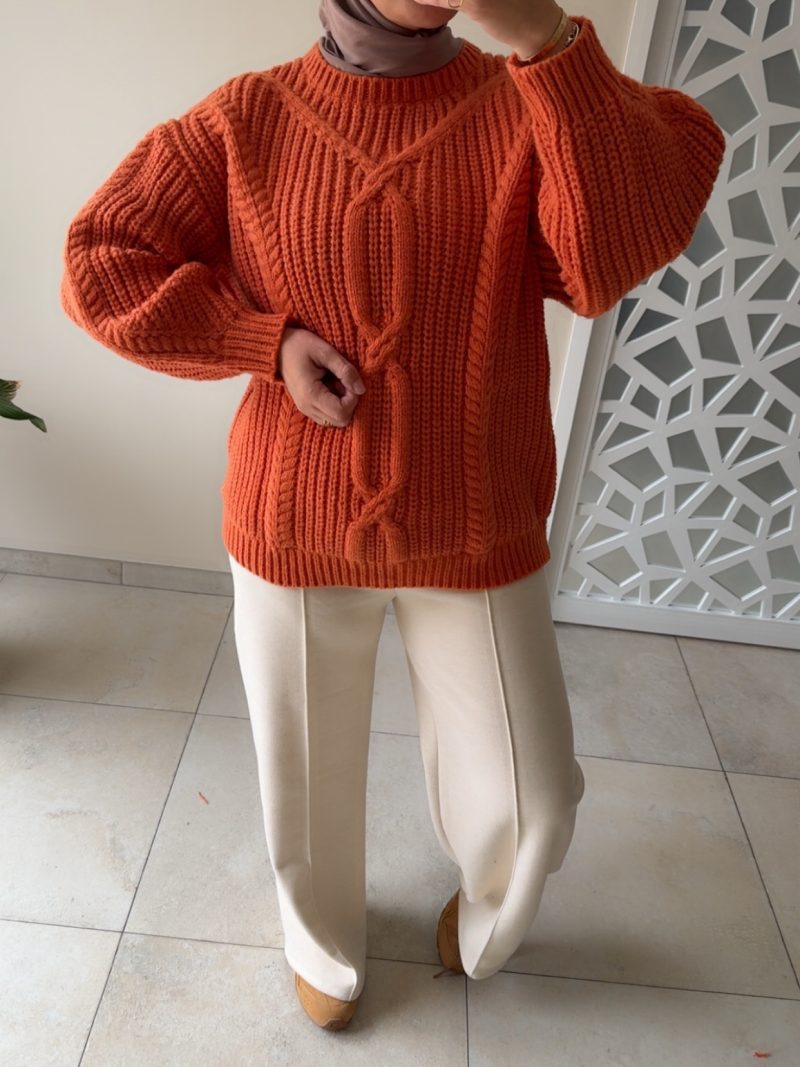 Pull épais torsadé – Coupe oversize & maille chaude Orange