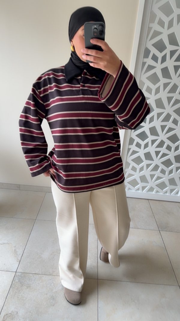 POLO À RAYURES – STYLE CASUAL CHIC & OVERSIZE Noir / Bordeaux