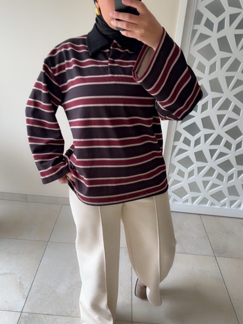 POLO À RAYURES – STYLE CASUAL CHIC & OVERSIZE Noir / Bordeaux